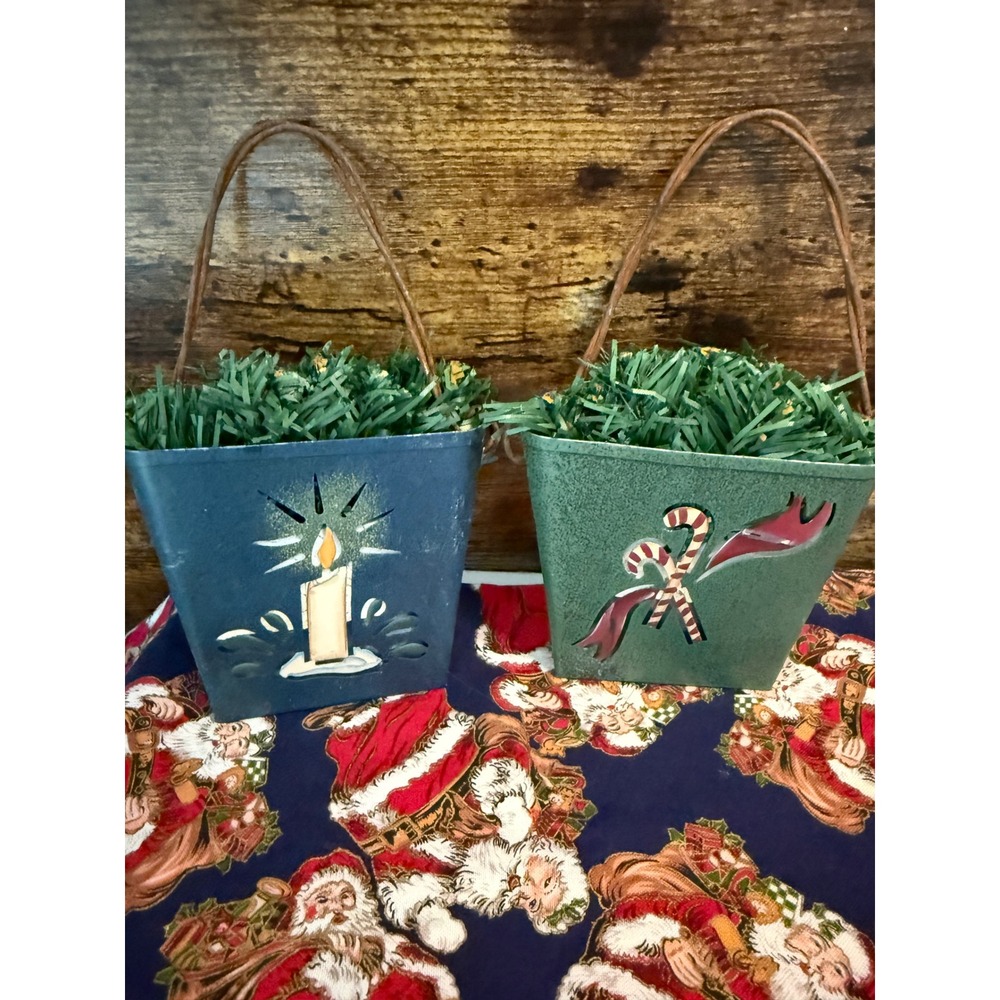 Vintage Christmas Metal Pail Set Candle Candy Cane Holiday Decor Buckets 2pc